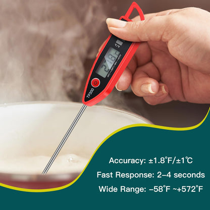 6 Pcs Instant Read Meat Thermometer with Long Probe 9.65 Inch Kitchen Cooking Food Candy Waterproof Digital Thermometer for BBQ Water Milk Yogurt Liquid (Round&Square Ring,Black,White,Red)