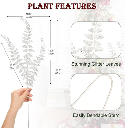 DILATATA 6Pcs Christmas Glitter Leaves Boston Fern Leaves 25" Artificial White Fern Leaf Picks Sprays Giltter Stems for Christmas Tree DIY Xmas Wreath Garland Home Decor - White