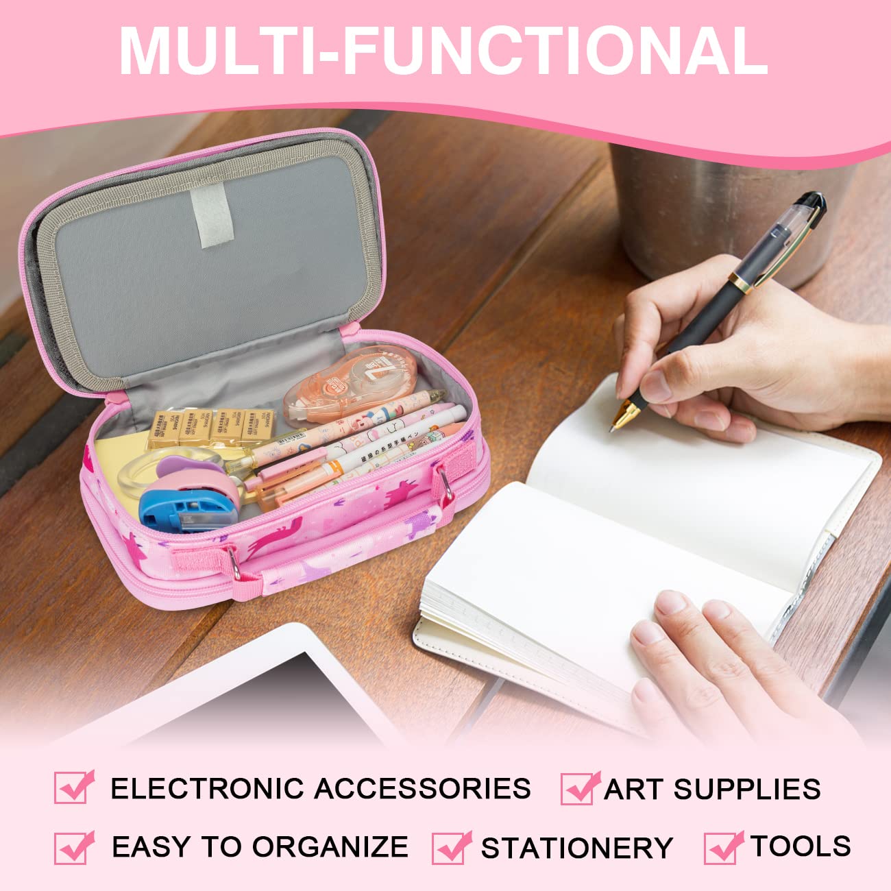 VASCHY Pencil Case for Girls, Aesthetic Kawaii Large Pencil Pouch Stationary Pencil Bag/Box for Preppy Kids, Pen Organizer Holder School Supply Pink Dinos