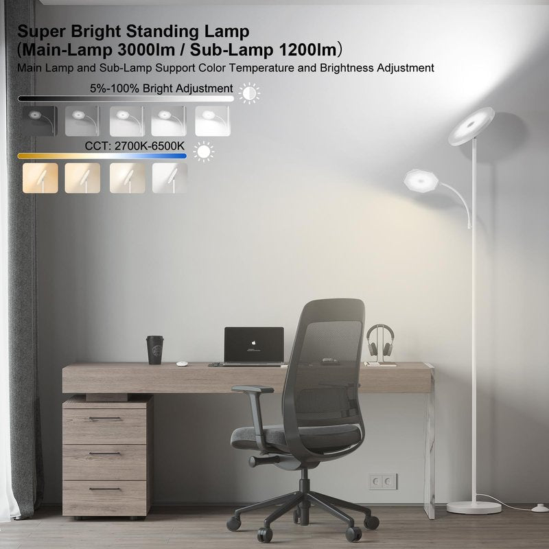 SUNMORY Floor Lamps for Living Room, 48W/4200LM Super Bright LED Floor Lamp with Remote Control, 69" Tall Standing Lamp with Stepless Dimmable, Modern Torchiere Reading Lamp for Bedroom, Office White