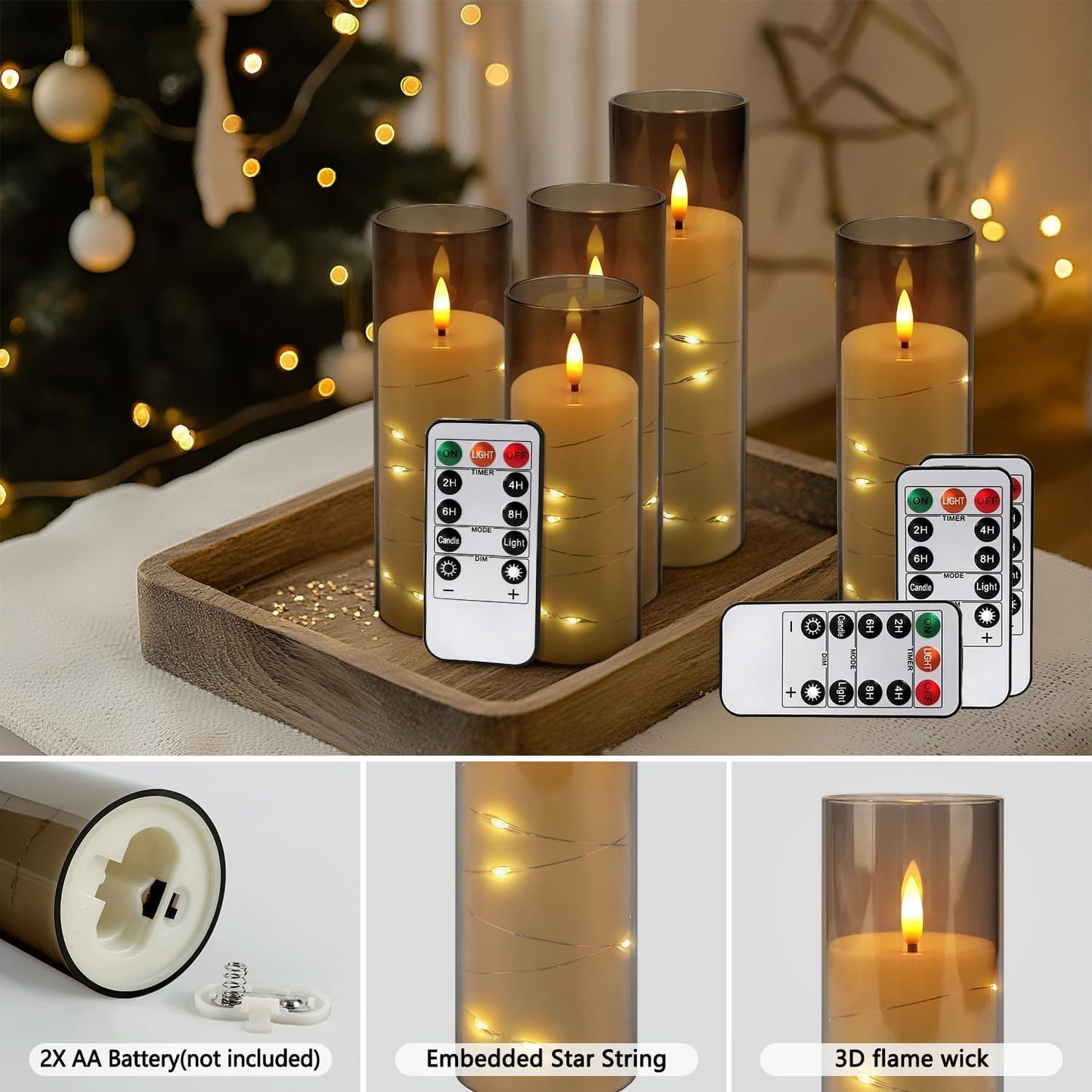 24 Pack Flameless LED Pillar Candles with Remote & Timer, Flickering Battery Operated Candles with Embedded Starry Lights, 3-Sizes Gray Acrylic Decorative Candles for Wedding, Home, Party Decor