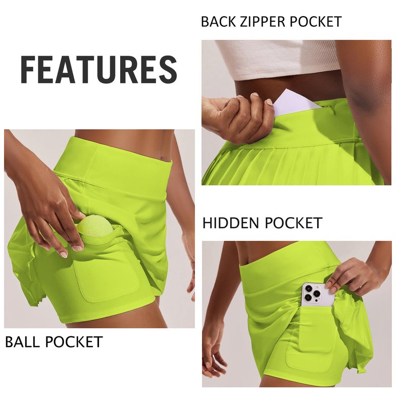 PINSPARK Pleated Tennis Skirts for Women with Shorts Breathable Golf Skorts 14" High Waisted Sport Skirt, Neon Green Medium