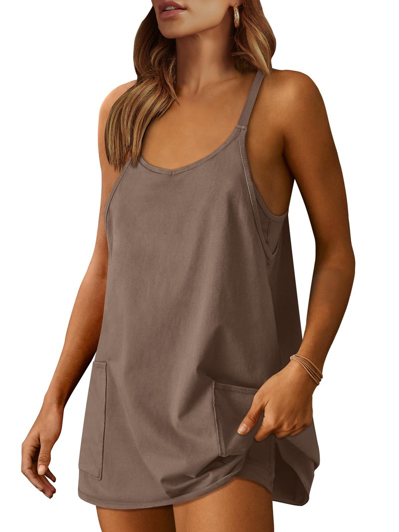 Caracilia Womens Summer Mini Dress 2025 Casual Sleeveless Built in Shapewear Sundress Trendy Short Tennis Athletic Outfits Coffee Medium