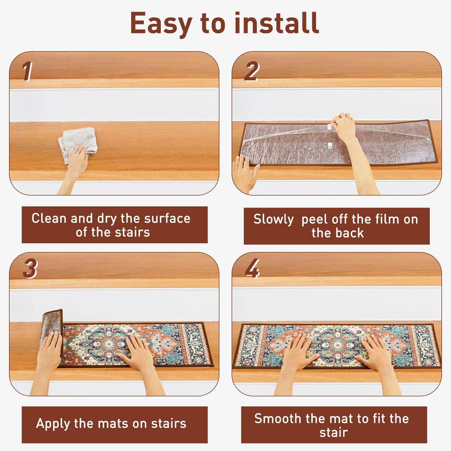 Stair Treads for Wooden Steps Indoor, 15 Pack 8" X 30" Non Slip Carpet Stair Treads with Reusable Adhesive for Kids Elders and Dogs, TPR Backing Stair Rugs Oriental Staircase Step Treads,Bohemia