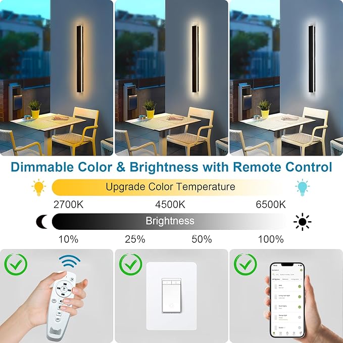 2PC 71inch Long Outdoor Wall Lights, 2700k-6500k Dimmable Black Modern Wall Sconce IP65 Waterproof LED Exterior Wall Mount Sconce Anti Rust Porch Lights Acrylic Outdoor Lights for House Patio