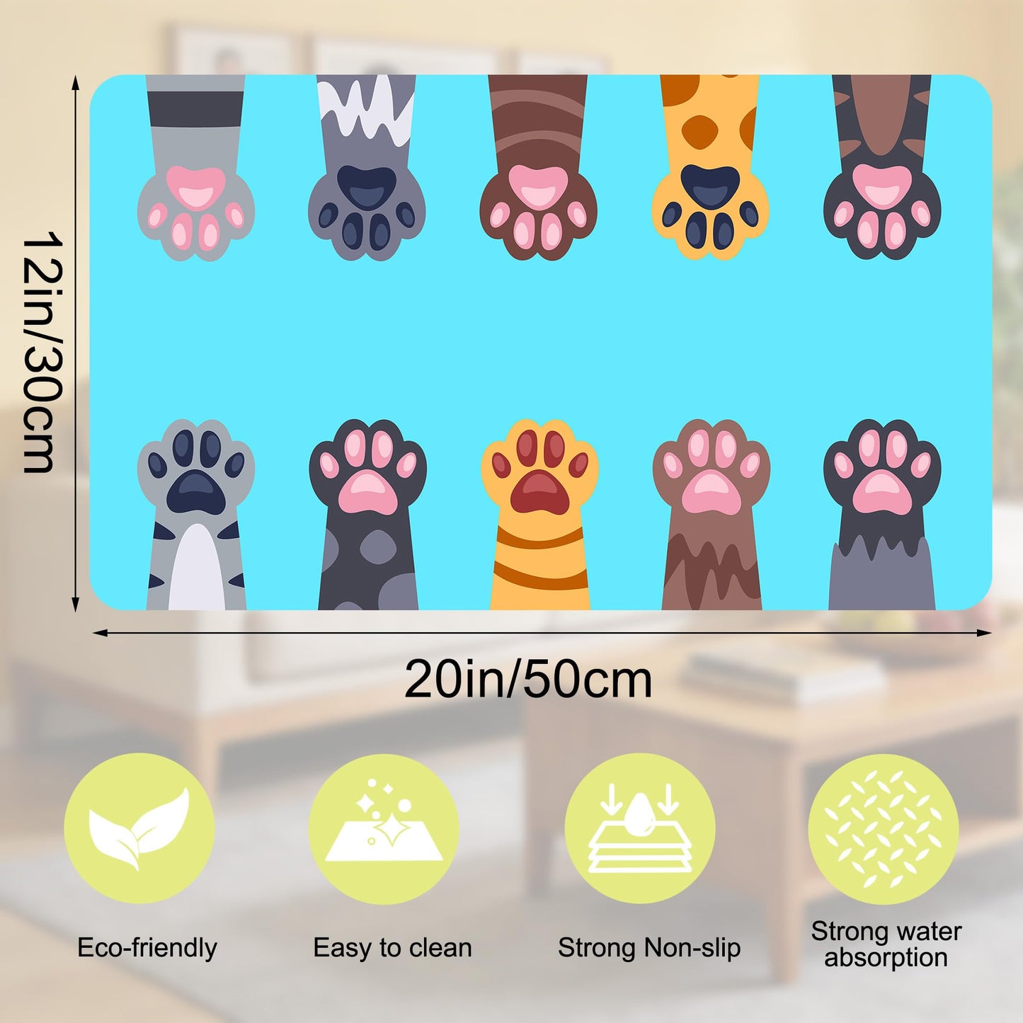 Cat Food Mat Pet Feeding Mat Paw 12" X 20" Non-Slip Super Absorbent, Dog Food Mat Pet Supplies for Floor (Light Blue)