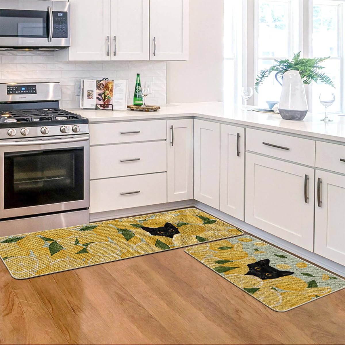 Artoid Mode Lemon Black Cat Summer Kitchen Mats Set of 2, Seasonal Low-Profile Home Decor Kitchen Rugs for Floor - 17x29 and 17x47 Inch