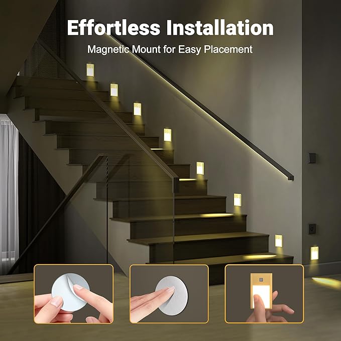 Rechargeable Motion Sensor Night Lights, 8-Pack - Painted Gold Aluminum Alloy, Ultra-Compact Magnetic Mount, 3000K Warm White Glow, Ideal for Hallways, Bedrooms, Stairs & Nightly Use
