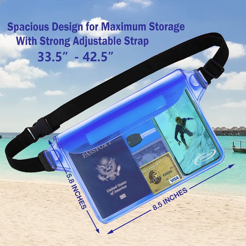 AiRunTech Waterproof Pouch with Waist Strap (2 Pack) | Beach Accessories Best Way to Keep Your Phone and Valuables Safe and Dry | Perfect for Boating Swimming Snorkeling Kayaking Beach Pool(Grey+Blue)