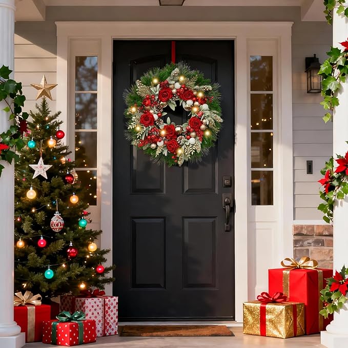 24 Inch Artificial Christmas Wreath for Front Door, Christmas Rose Floral Wreath with Lamb's Ear Red Berries Pine Cones Golden Leaves, Winter Wreaths for Front Door Wall Home Outdoor Decor