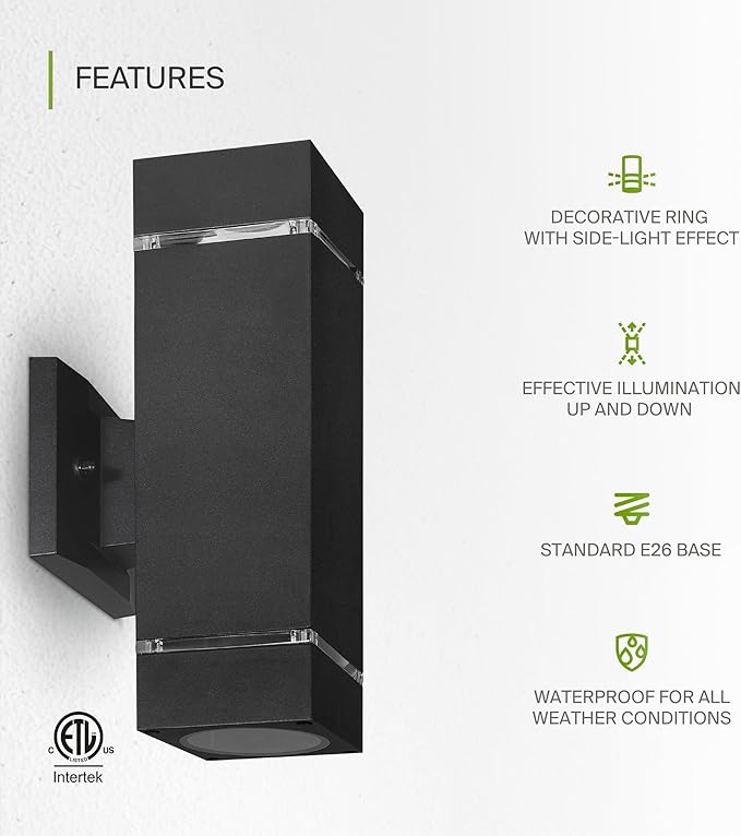 ASD 2 Light Square Outdoor Wall Light Fixture | 120W E26 Bulb Socket 120V ETL Cylinder Up Down Lights | LED/CFL/Incandescent Bulb Exterior Wall Sconce | Front Door, Porch Patio | Ringed Black, 6 Pack
