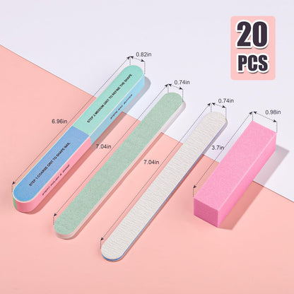 FANDAMEI Nail Files and Buffers, 20PCS Nail File Kit. Rectangular Nail Buffer Block & 100/180 Grit 7 Way Nail File & Polishing Buffer. Nail Prep Kit. Professional Manicure Nail Tools