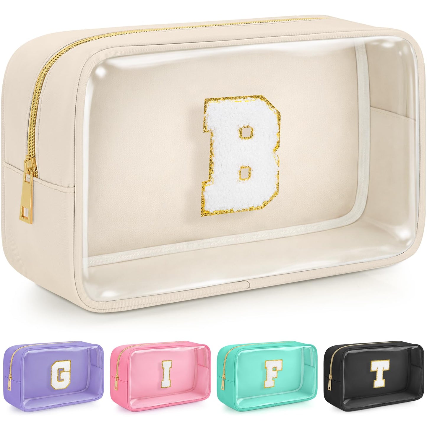WELIDAY Initial Clear Makeup Bag, Birthday Gift Preppy Chenille Patch Cosmetic Bag, Initial Travel Essentials Beach Toiletry Pouch, Ideal Gift for Teachers & Moms, Women and Girls (Beige, B)