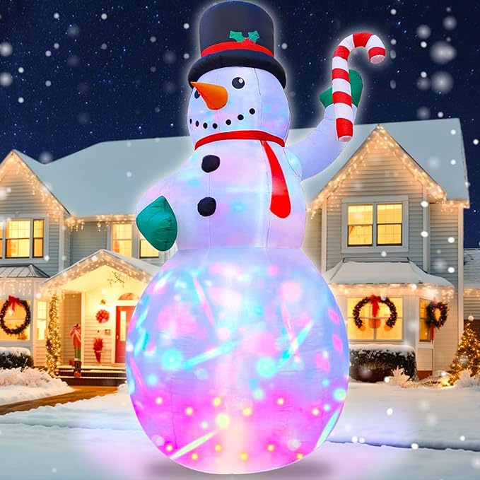 TURNMEON 12Ft Giant Christmas Inflatable Snowman Holds Candy Cane Decoration Outdoor Blow Up with Color Rotating LED Lights Stakes Tethers Christmas Decoration Home Yard Lawn Garden Xmas Holiday Party