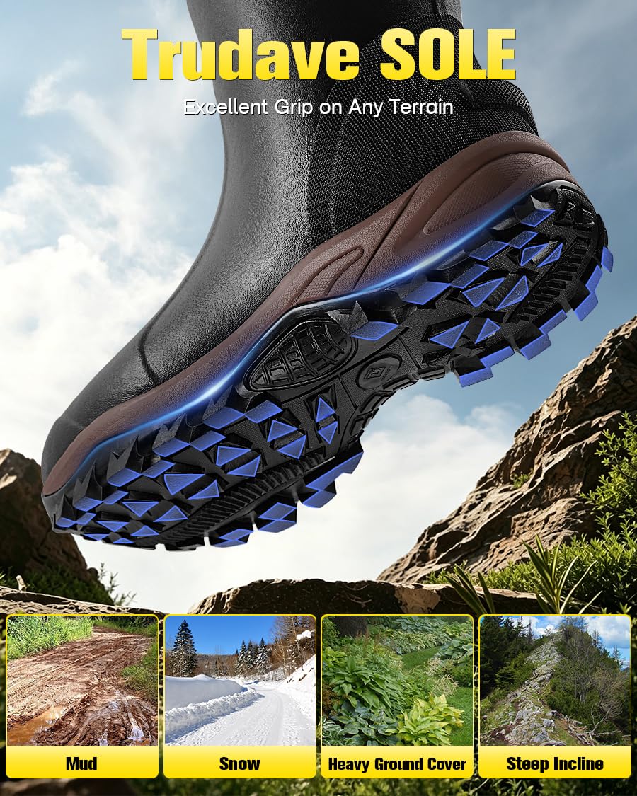 Rubber Boots for Men & Women with Steel Shank, Reliable 6mm Neoprene Waterproof Insulated Rain Boots, Warm Anti-slip High Traction Multi-season Dry Mud Boot for Outdoor Work Hunting, Size 5