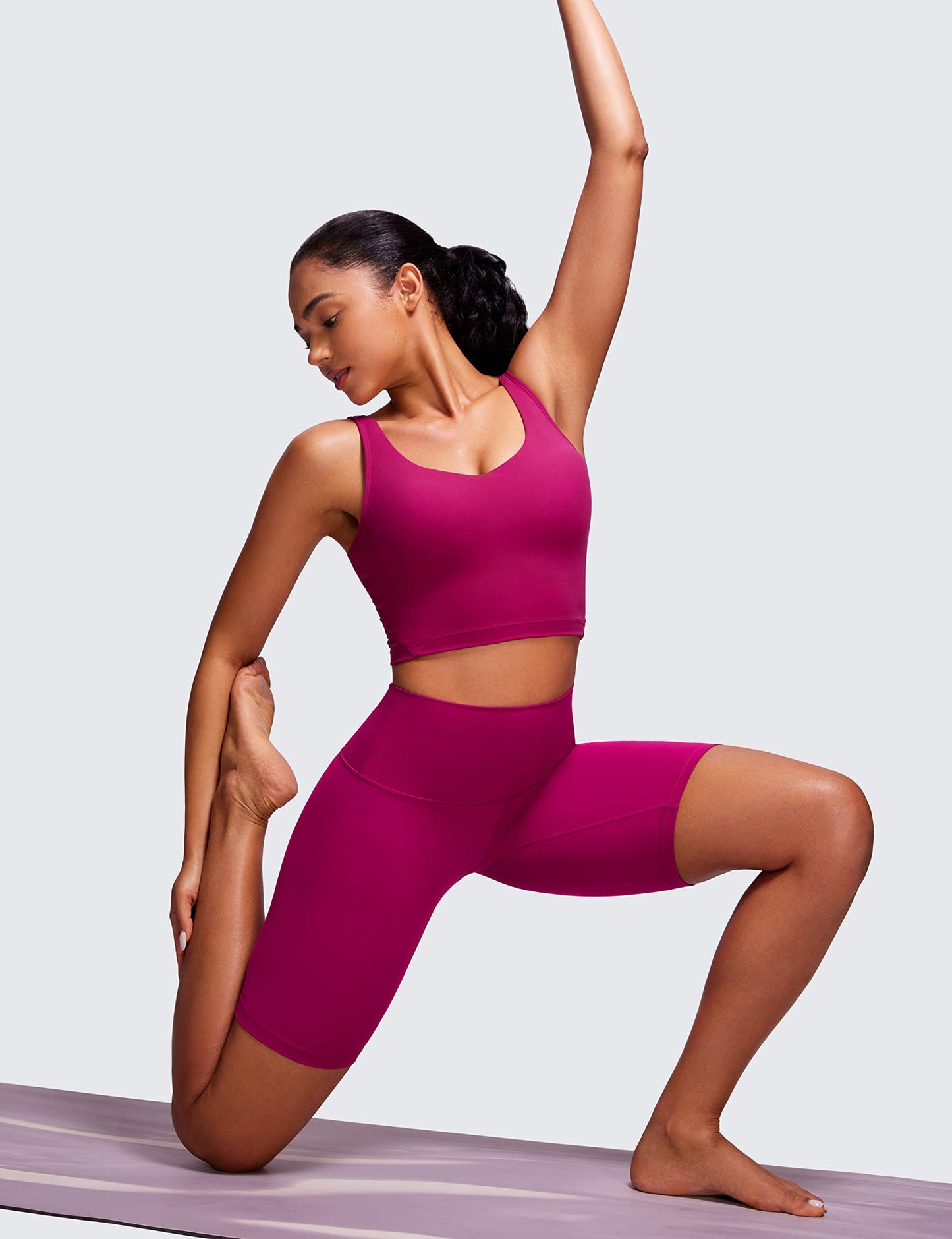 CRZ YOGA Butterluxe Womens V Neck Longline Sports Bra - U Back Padded Crop Workout Tank Tops with Built in Pads Magenta Purple Small