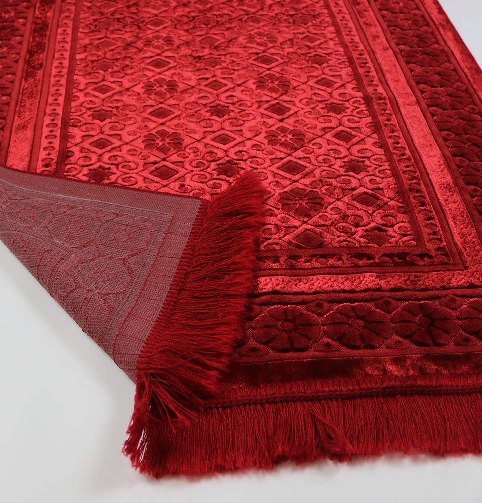 Modefa Velvet Prayer Rug - Soft Plush Turkish Janamaz Sajada Carpet for Men and Women - Plain Solid Prayer Mat Ramadan Eid Gift - with Prayer Beads - Luxury Floral Stamp (Red)