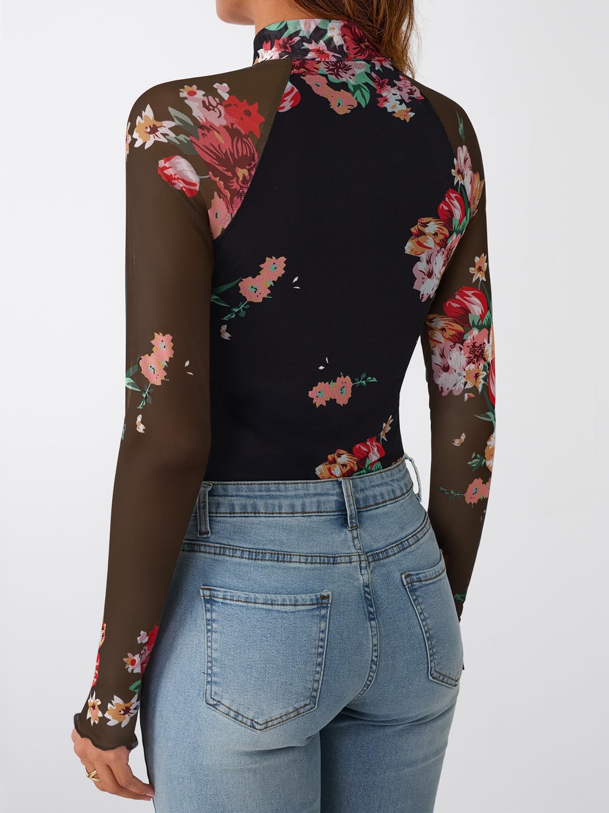 Dealmore Lace Sheer Long Sleeve Floral Mesh Mockneck Trendy Cute Going Out Tops for Women Fall Fashion Outfits 2025 Clothes