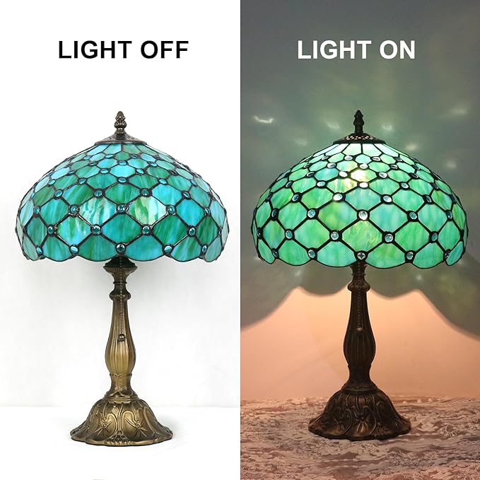 Stained Glass Tiffany Table Lamp, 12 Inch Bedside Reading Light for Bedroom, Living Room, Home Office(Sea Blue Pearl Style)