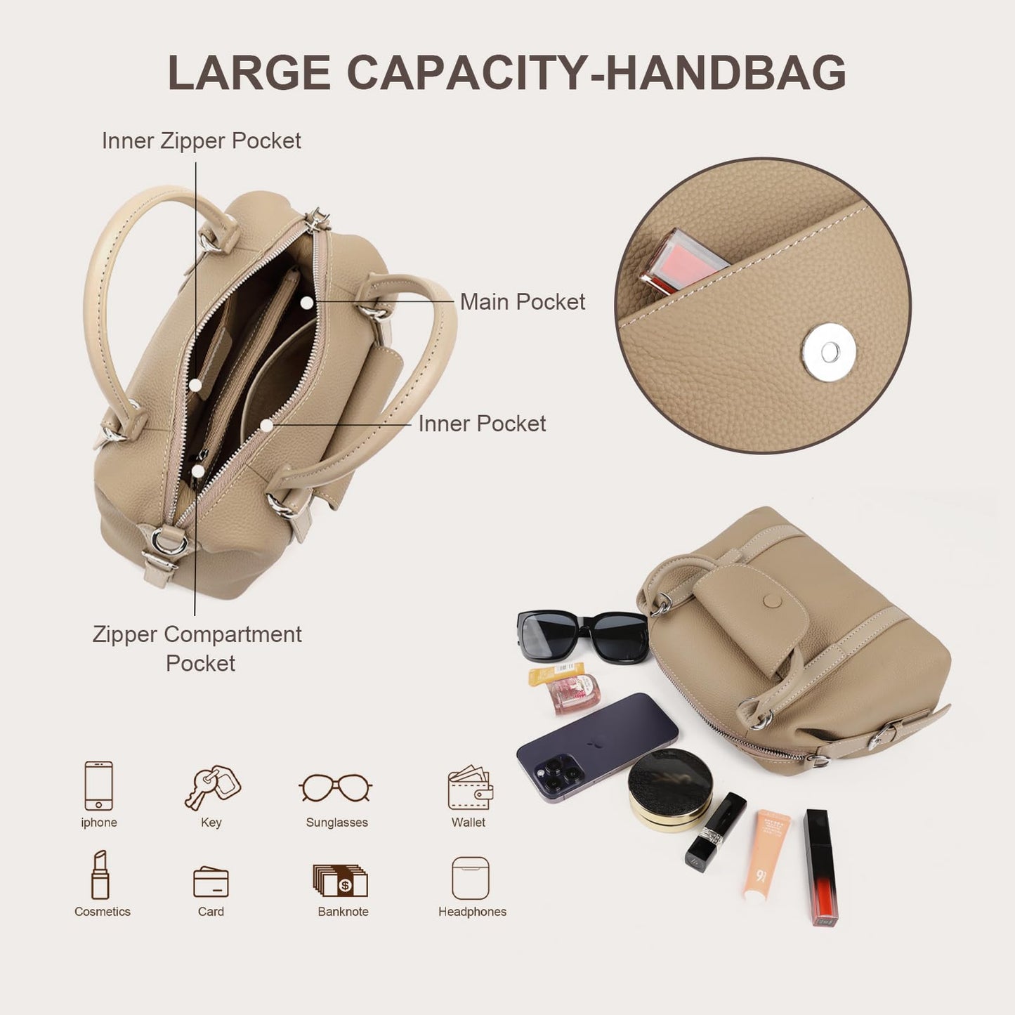 MoreFarther Handbags for Women, Genuine Leather Crossbody Bag Top Handle Bag with Adjustable Detachable Strap(Coffee)