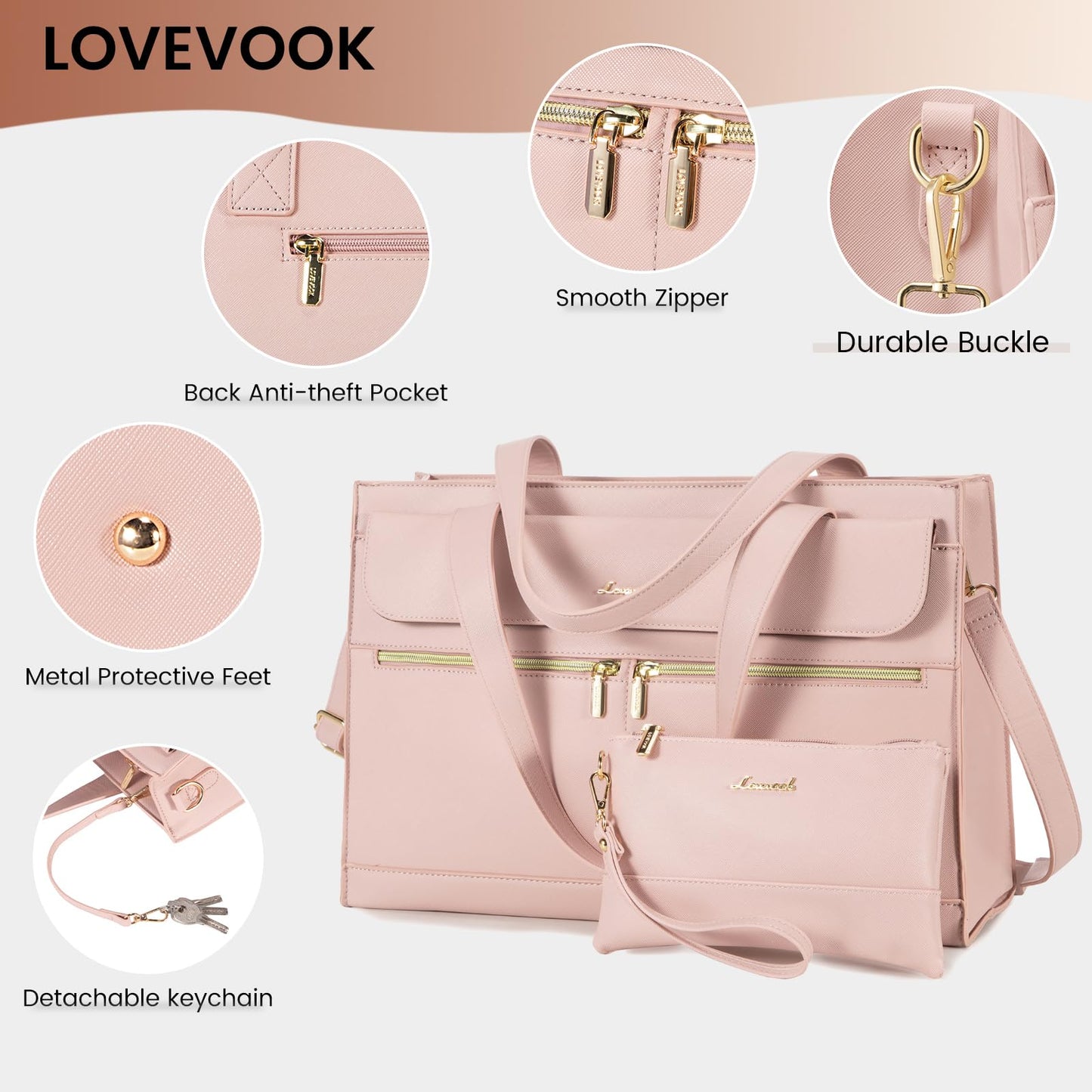 LOVEVOOK Laptop Bag for Women 15.6 Inch Laptop Tote Work Professional Leather Computer Briefcase Waterproof Handbag Shoulder Large Capacity Business Teacher Office Bag Crossbody Purse,Pink