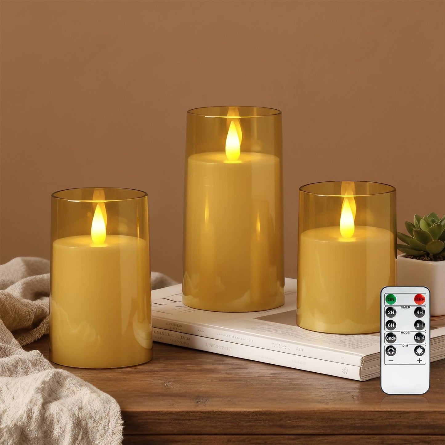 Raycare Flameless Electronic Pillar Candles with Remote Control and Timer- Battery Operated Realistic Flickering LED Fake Candle for Home, Wedding, Valentine's Day Decor, Gold,Set of 3(3"x4"5" 6")