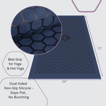 Clever Yoga Hot Yoga Mat Towel – Non-Slip Grip for Hot Yoga, Sweat Absorbent, Honeycomb Silicone Grip, Stays Flat – Ideal for Pilates, Travel, Washable & Lightweight - Dark Blue