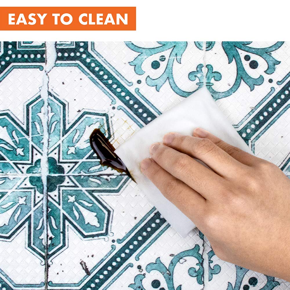 OPUX Anti Fatigue Kitchen Floor Mat, Reversible Cushioned Memory Foam Kitchen Rug Pad, Waterproof Non-Slip Padded Comfort Standing Mat Office Laundry Home, 32x17 (Floral Tile Blue)
