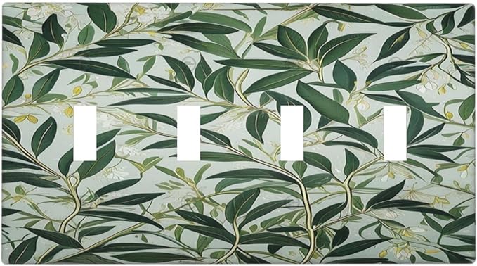 Sage Eucalyptus Leaves Foliage Light Switch Covers Quad Toggle 4 Gang Wall Plate Decorative Switchplate Electrical Faceplate for Farmhouse Bathroom Living Decor