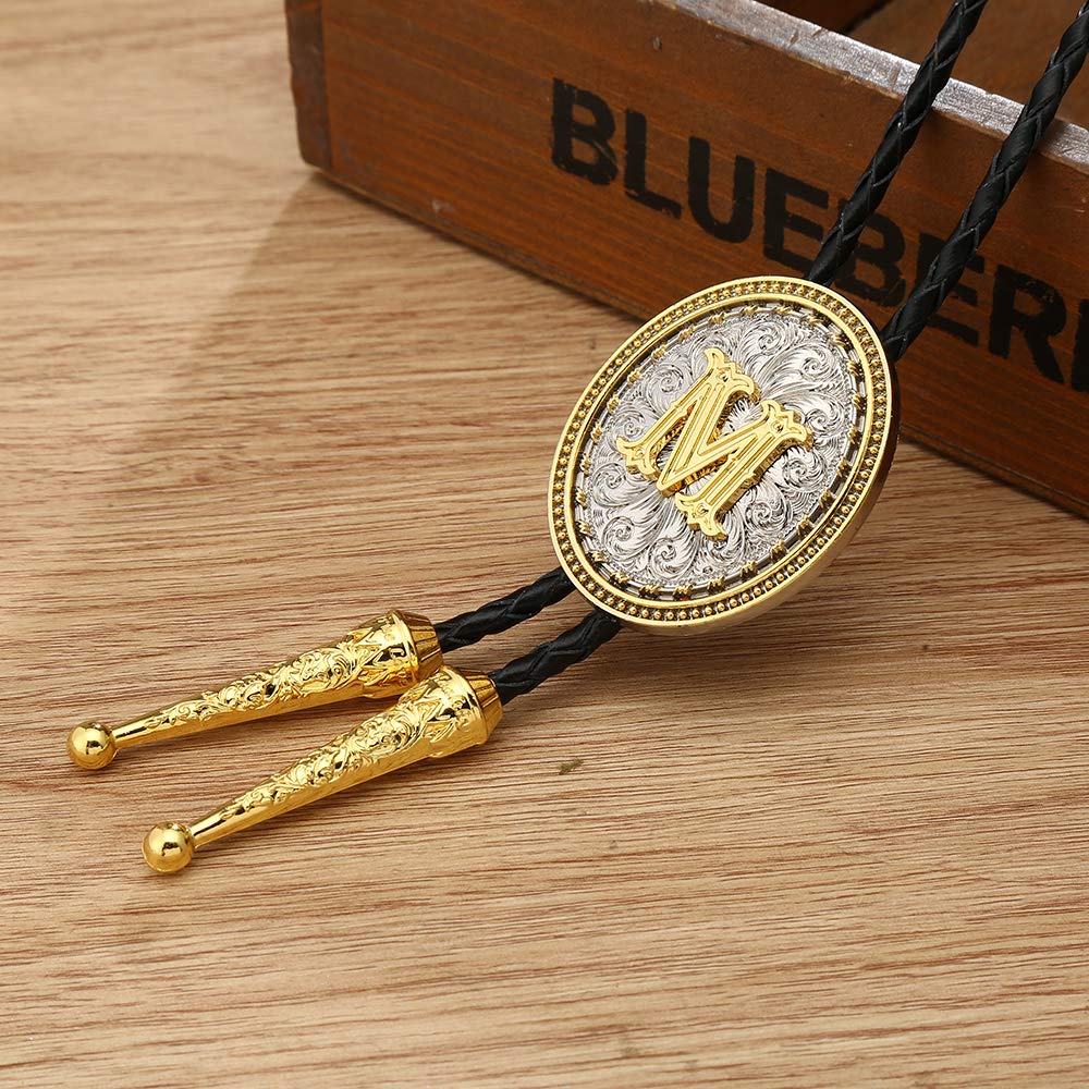 HOEACXY Initial Bolo Tie for Men Leather Cowboy Necktie Letter M Name Bola Accessories Personalized Gift for Him
