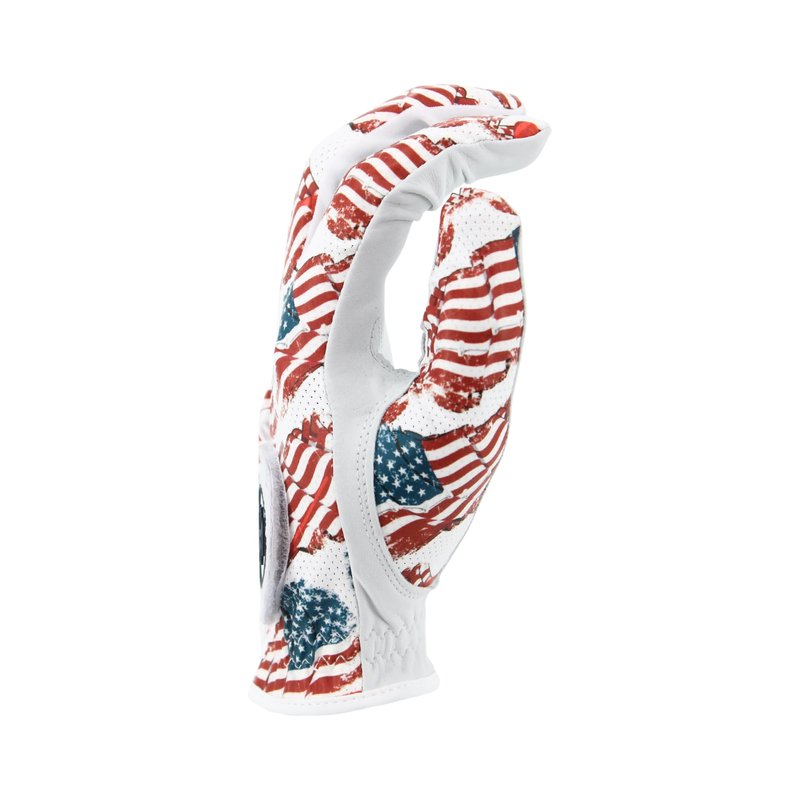 MULLIGAN HOOLIGAN® Men's Golf Glove | Premium Cabretta Leather & Mesh, Breathable Moisture-Wicking Comfort, Unique Standout Design for Men & Women (Patriotic USA Flag, Large, Worn On Left Hand)