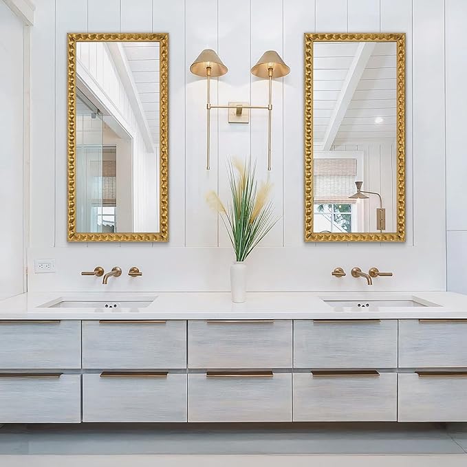 Gold Mirror for Wall Decor, 46'' X 22'' Rectangular Decorative Mirror with Textured Wavy Wood Frame, Modern Bathroom Mirror for Wall, Hang Horizontally or Vertically