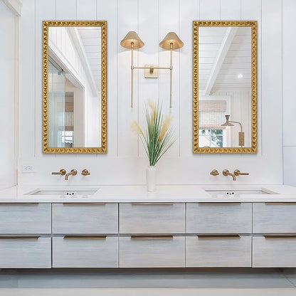 Gold Mirror for Wall Decor, 46'' X 22'' Rectangular Decorative Mirror with Textured Wavy Wood Frame, Modern Bathroom Mirror for Wall, Hang Horizontally or Vertically