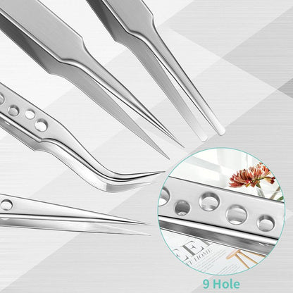 8 Pcs Tweezers Set Stainless Steel Tweezers Forceps with Magnifying Glass Straight Fine Point Forceps Curved Round Flat Tip Tweezers 9 Holes Straight Curved Tip Tweezers for Beauty Craft (Simple)