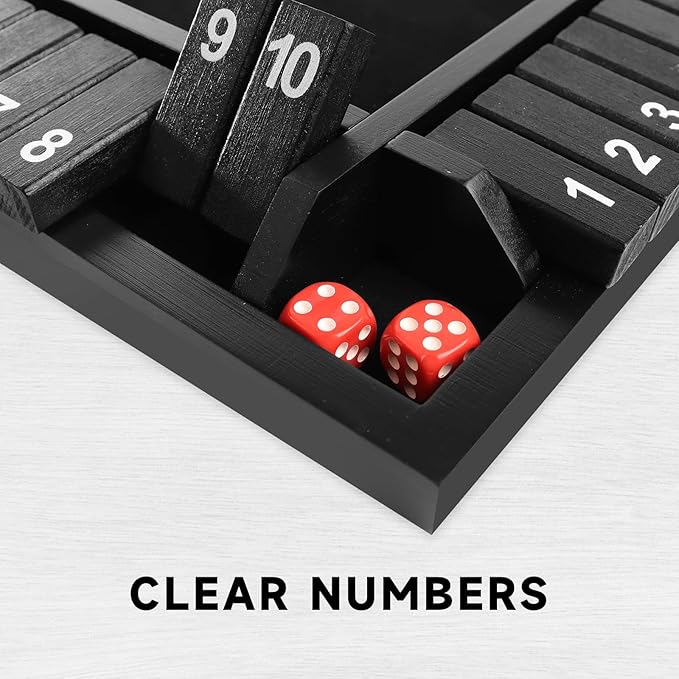 GSE Games &amp Sports Expert 1-4 Player Wooden Shut The Box Dice Board Game with 8 Dice. 4-Way 10 Numbered Shut The Box Set of Popular English Pub Board Game - Black