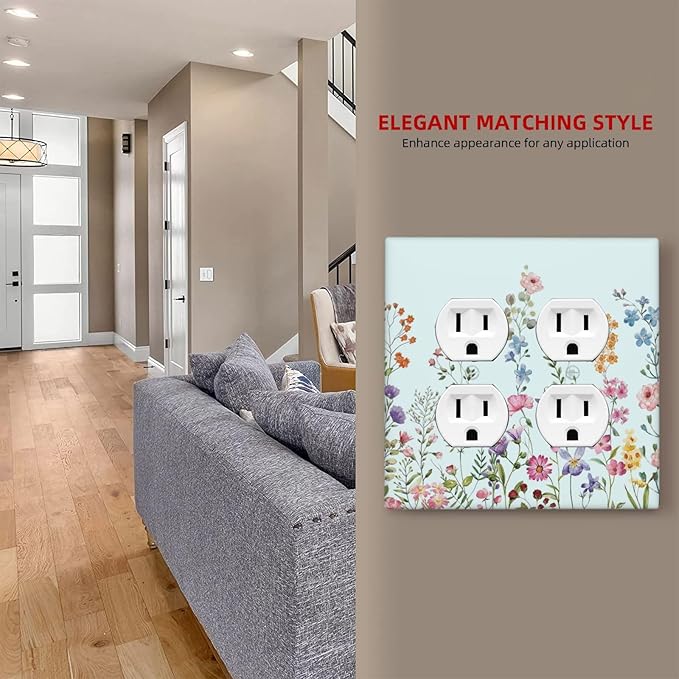 Decorative Light Switch Cover Plate Rustic Wild Floral Vintage Blue Watercolor Flower 2 Gang Socket Covers Double Duplex Wallplates Switch Plates and Outlet Covers for Bathroom Home Decor