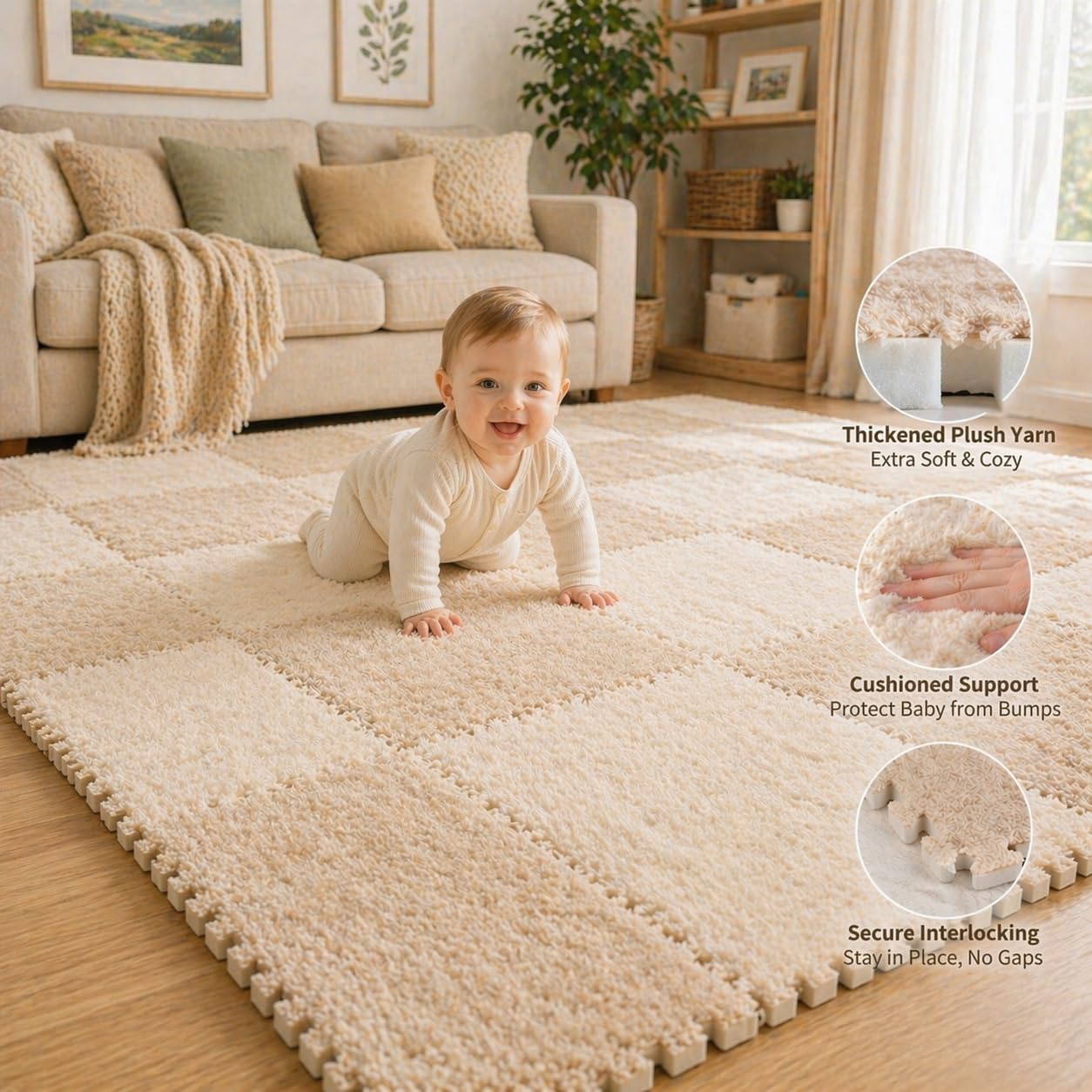 Jaderlu 16pcs 0.6" Thickened Interlocking Tile Mats,Fluffy Shaggy Soft EVA Foam Area Rug for Living Room & Bedroom,Non-Slip Protective Floor Carpet Play Mat Kids Baby Dorm Home Decor (11.8ft, Khaki)