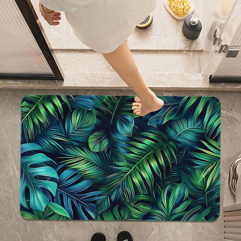 Bath Mat Rug,Green blue tropical leaves Non Slip Quick Dry Super Absorbent Thin Bathroom Rugs Fit Under Door-Easy to clean Bathroom Floor Mats-Shower Rug for Shower Sink Bathtub(16" x 24"In)