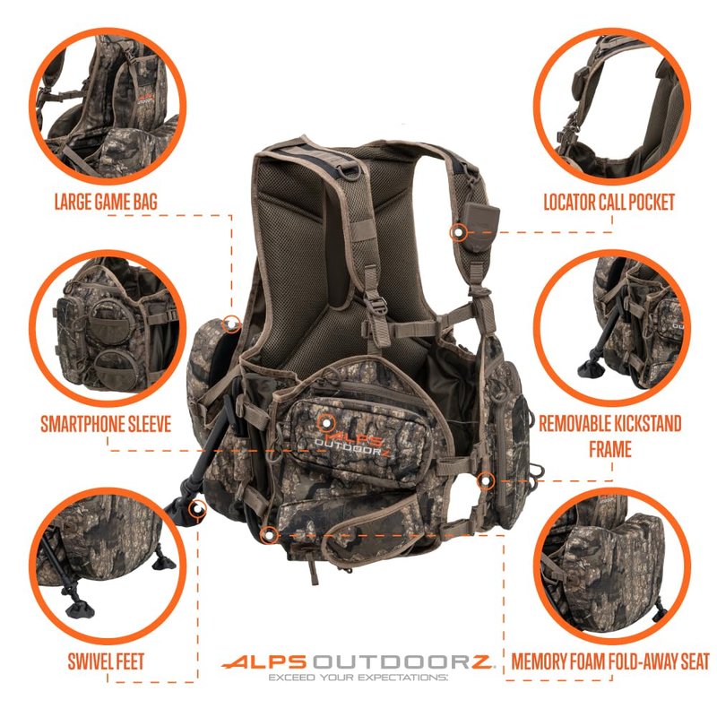 ALPS OutdoorZ Grand Slam Turkey Vest Featuring Removable Sit Anywhere Kickstand Frame and Fold-Away Seat, Large Game Bag, and Cell Phone Use in Pocket, Standard, Realtree Timber