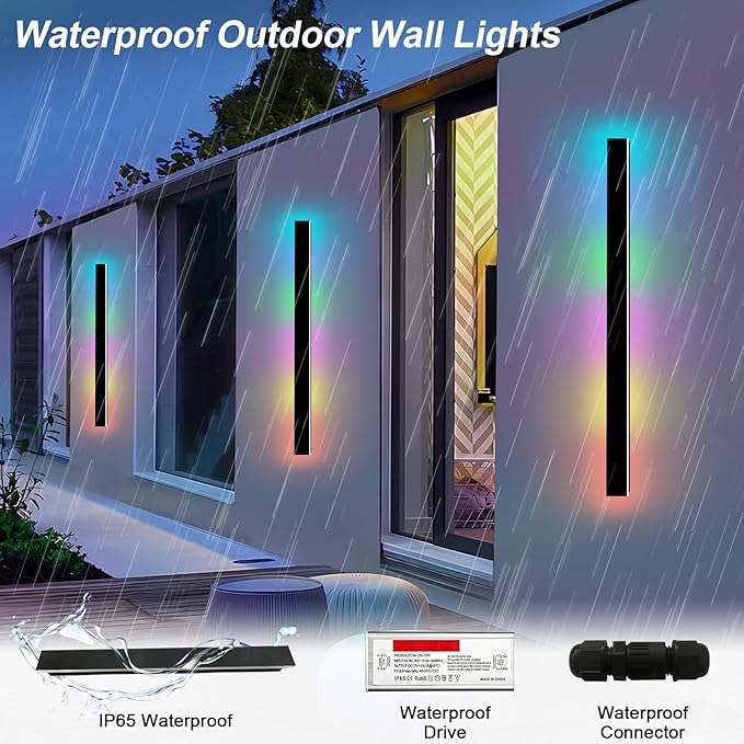 Outdoor RGB Long Wall Lights 2 Pack 79inch Modern Outdoor Led Wall Light Fixture IP65 Waterproof Long Wall Sconce LED Linear Wall Mount Lights for House