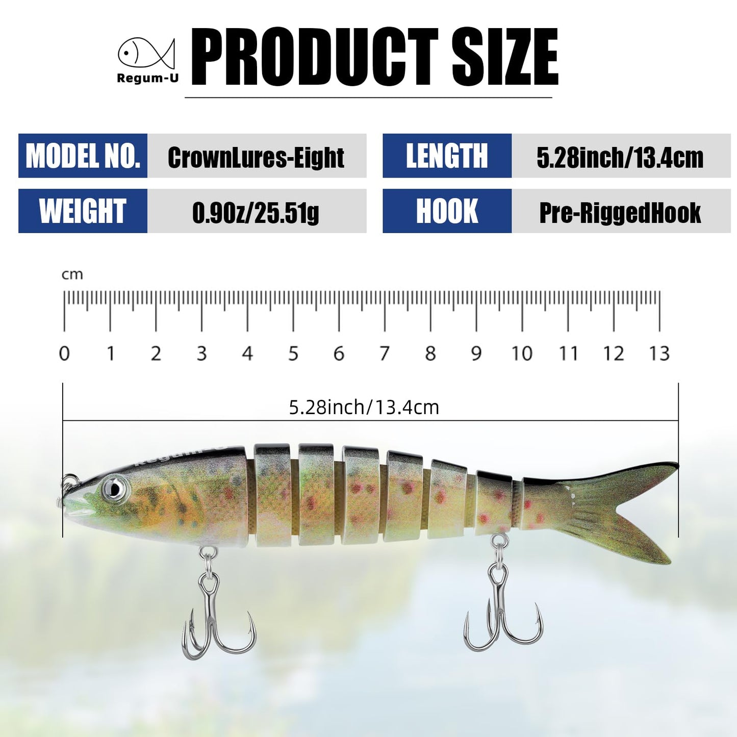 Regum-U Crown Fishing Lures 8 Segment Realistic Swimbait with 3D Eyes Vibrating Actions,Smooth Lifelike Swimming for More Bites,Reinforced Fiber Joint