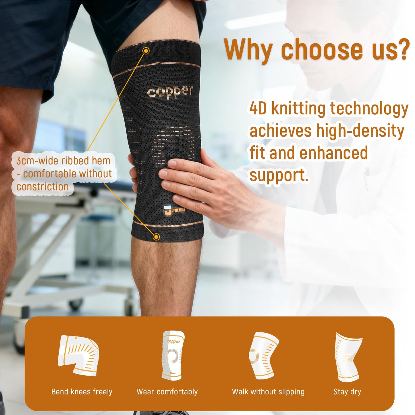 JIUFENTIAN Copper Knee Brace for Women and Men(2 Pack) -knee compression sleeves for Arthritis, Running & Daily Use-Targeted Support for Joint Stability & Pain Relief(Large)