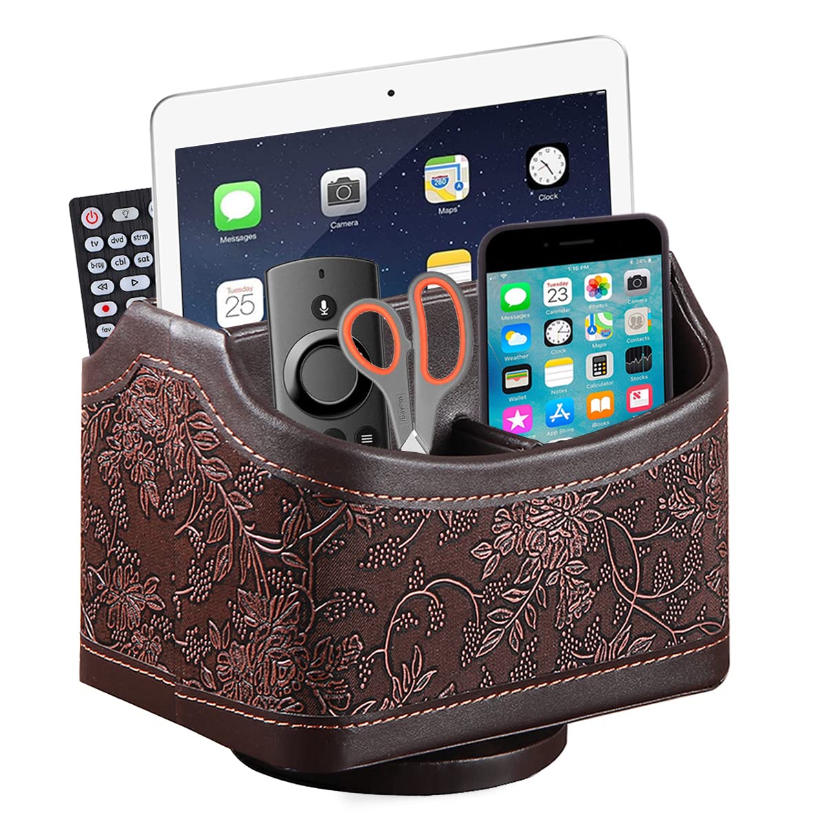 Arniche PU Leather Remote Control Organizer with 360° Spinning Design,Desk Organizer for TV Remote,Phone,Pen,Glasse,Mail,Tablet,Calculator,Controller-Home & Office Storage Caddy (Antique Brown) ﻿
