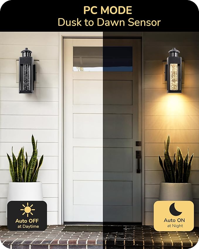 EDISHINE 2 Pack Modern Exterior Lighting Fixtures, LED Outdoor Light Fixtures Wall Mount, with Motion & Photocell Sensor, Crystal Bubble Glass, 3000K, Front Porch Light for House, Garage