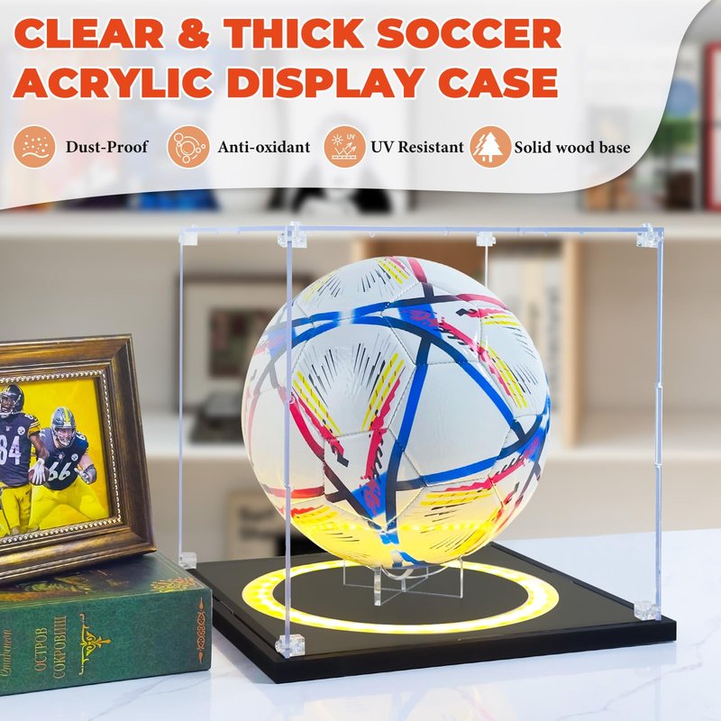 DORYBEN Soccer Display Case with Light,Full Size Acrylic Box with Removable Built-in Ball Display Stand, UV Protected Clear Case for Soccer Fans & Collectors, Sports Collectibles