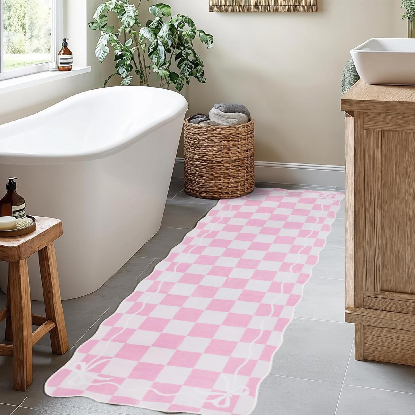 Albodanl Pink Checkered Bow Kitchen Runner Rug, 2x6 Washable Rug Runners for Hallways Non-Slip, Cute Scalloped Ultra-Thin Soft Carpet for Bedroom Bathroom Laundry Nursery Entryway