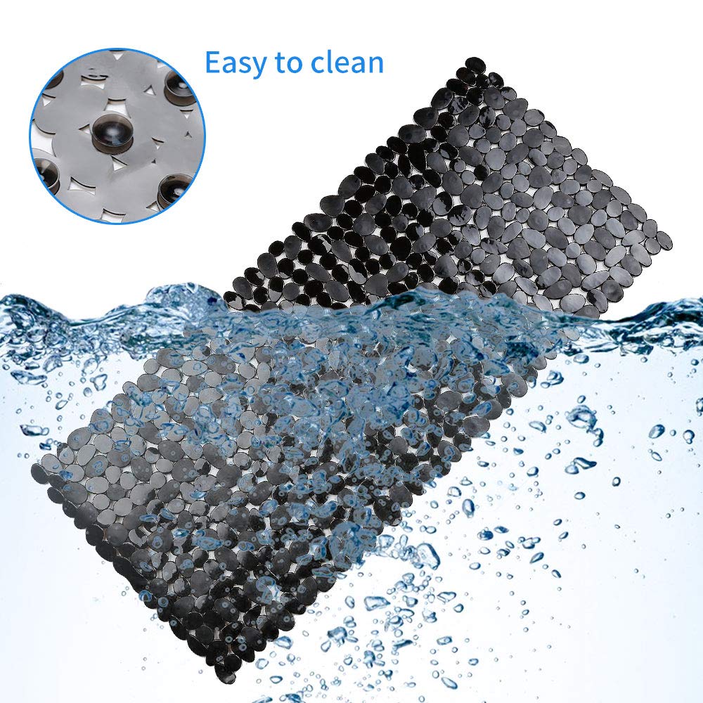 SONGZIMING Non-Slip Pebble Bathtub Mat Black 16 W x 35 L Inches (for Smooth/Non-Textured Tubs Only) Safe Shower Mat with Drain Holes, Suction Cups for Bathroom