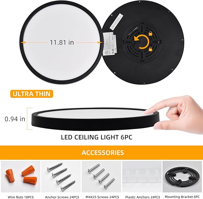 Hlite 6pack 12 inch Flush Mount LED Ceiling Light Fixtures, 24W 2400LM Super Slim, 3CCT Selectable (3000K/4000K/5000K), for Kitchen, Bedroom (Black)