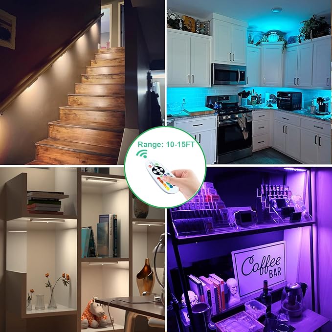 Under Cabinet Lighting Wireless Rechargeable Battery Operated LED Closet Lights Dimmable Under Counter Lights Bar with Remote, RGB Changing Perfect for Kitchen Bedroom Stairs, 4 Packs