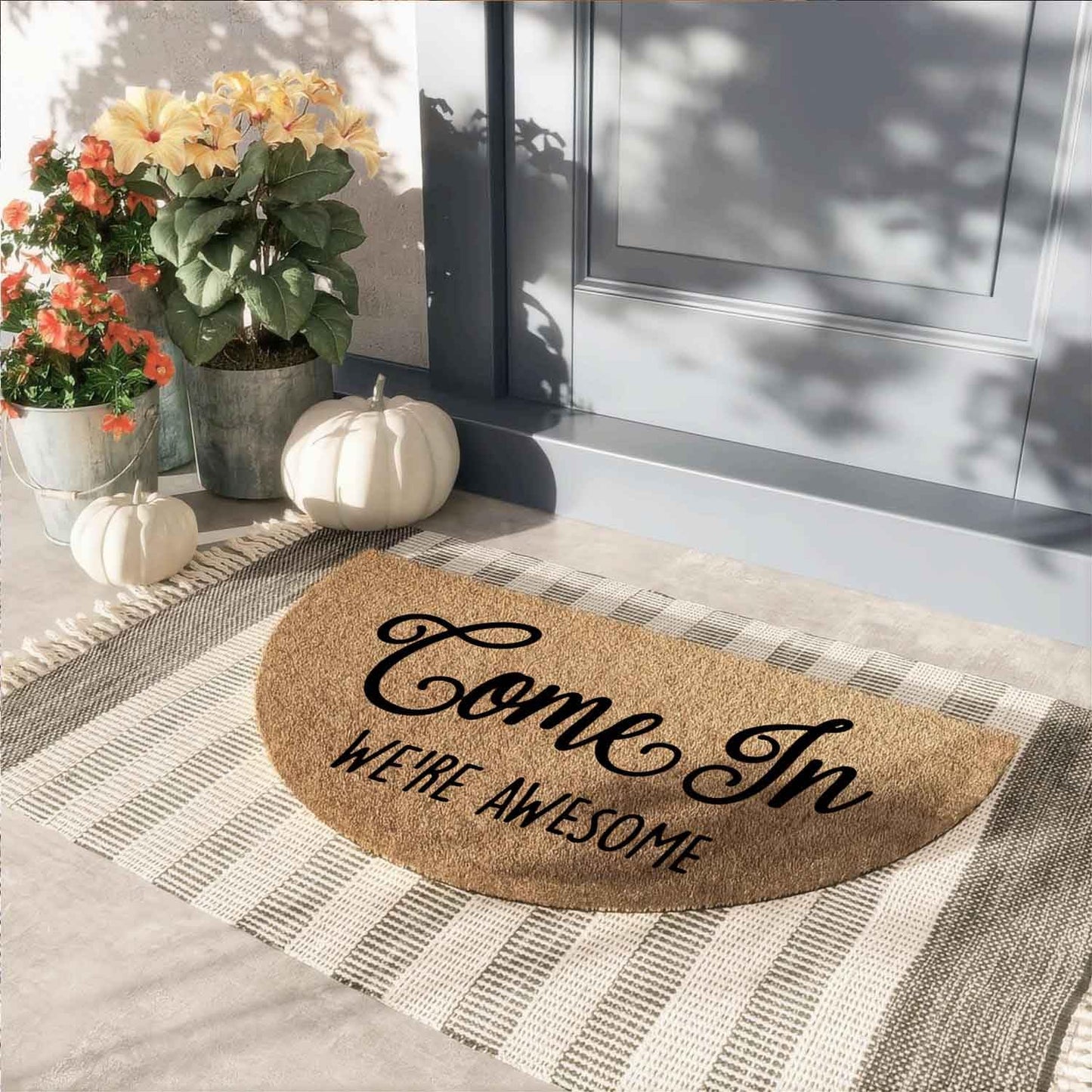 WINZNOF Positive Family Welcome Mat, Come in, We're Awesome 29.5" x 17" Half Round Faux Coir Doormat, Durable Non-Slip Rubber Backing, 0.4" Thick Outdoor Entry Rug, Cheerful Housewarming Gift